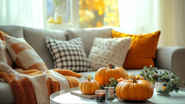 Cozy autumn living room with pumpkins and fall decor during golden hour