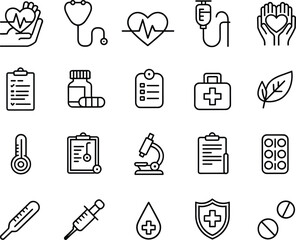 Medical and healthcare icons set, heart health, stethoscope, IV drip, checklist, medicine bottles, leaf, thermometer, microscope, pills, health protection, clinic symbols