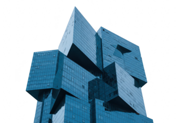 Modern abstract blue geometric building facade isolated on transparent background