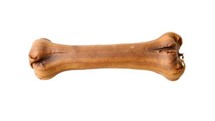 A single brown dog bone lies horizontally centered on a black background in a studio shot image