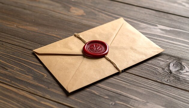 Vintage Kraft Envelope with a Rich Red Wax Seal and Twine on a Dark Wooden Table.
