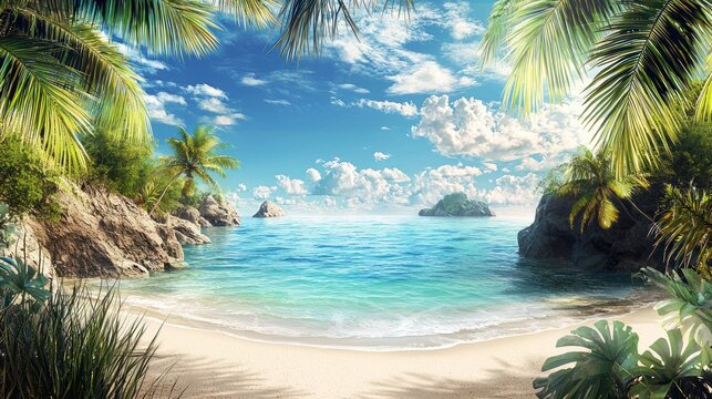 A vibrant, digitally rendered tropical beach scene framed by lush palm fronds. The foreground features dense green foliage and grasses