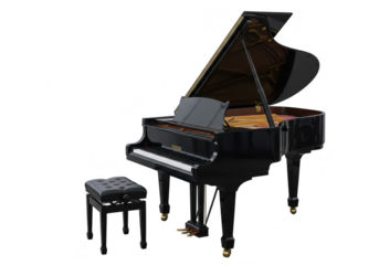 Black grand piano with stool isolated on transparent background