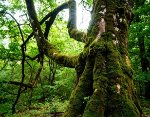 Moss-covered ancient tree dominates a lush green forest scene, sunlight filtering through leaves