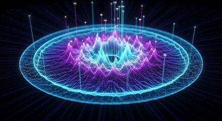 Abstract technology landscape shows wireframe peaks and numerical data points on a dark surface