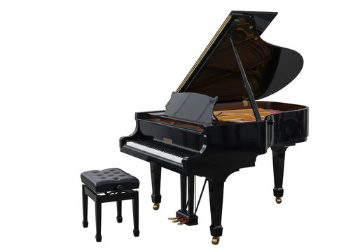 Black grand piano with stool isolated on transparent background