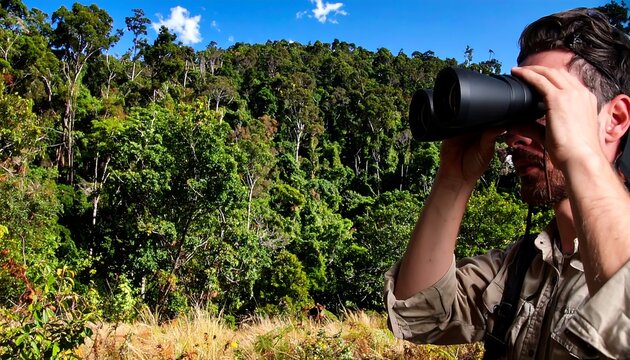 Man uses binoculars to view lush green forest landscape
