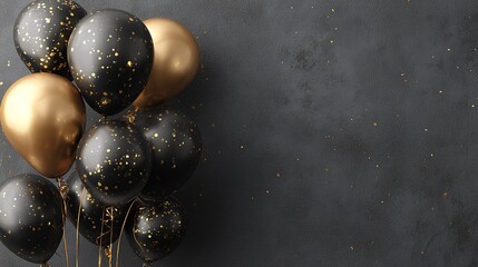 Naklejka premium 3D black and gold balloons with confetti on dark grey background, banner design with sharp focus and studio lighting, ideal for celebratory projects, event promotions, or festive decor.