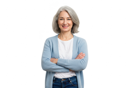 Smiling senior woman with grey hair wearing a blue cardigan isolated on transparent background