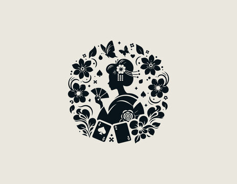 Karakter geisha wanita cantik dengan mawar dan kartu remi. Konsep seni Jepang