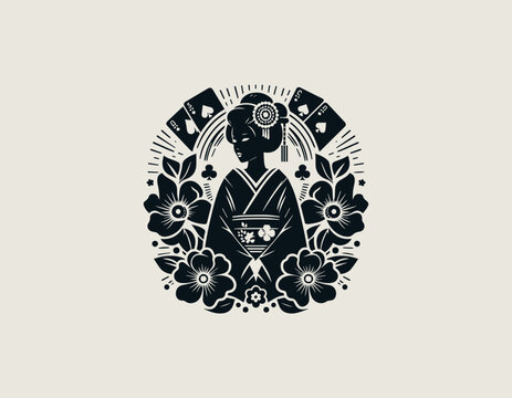 Karakter geisha wanita cantik dengan mawar dan kartu remi. Konsep seni Jepang