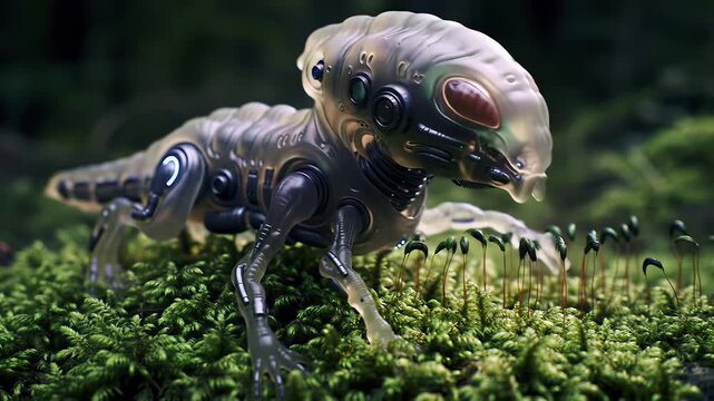 Futuristic robotic alien creature with a glowing translucent body on green moss in a forest in a realistic 3d macro style
