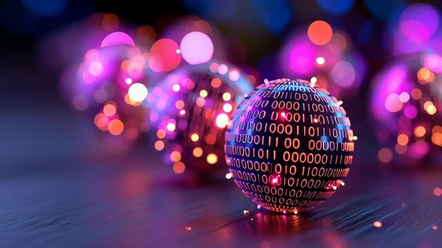 Digital sphere with binary code and colorful bokeh lights in the background.