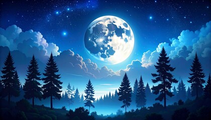 Fototapeta premium A Dreamlike Scene Featuring a Majestic Moon, Stars, and a Forest Silhouette