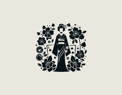 Karakter geisha wanita cantik dengan mawar dan kartu remi. Konsep seni Jepang