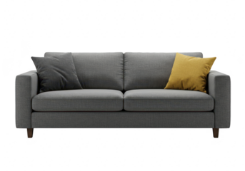 Modern grey sofa with yellow and grey cushions isolated on transparent background