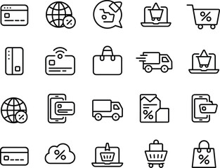 Online shopping, ecommerce icons, credit card payment, digital wallet, discount cart, delivery truck, mobile payment, shopping bag, secure transaction, internet shopping