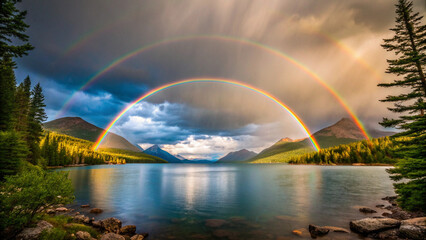 Majestic Double Rainbow Arches Over Serene Mountain Lake at Dusk Keywords: double rainbow, sky, clouds, storm, rain, lake, water