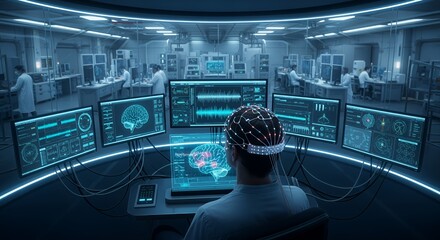 Futuristic Brain Research Lab: Scientist Monitoring Brain Activity with Advanced Technology