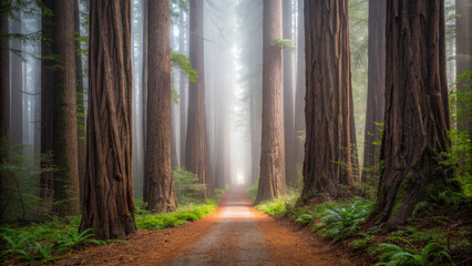 Path through a dense redwood forest with tall trees and misty atmosphere giant trees