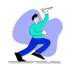 Modern Flat Line Illustration of a Man Launching a Paper Airplane