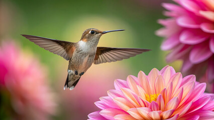 Fototapeta premium Rufous Hummingbird Hovering Near Pink Dahlias in Soft Focus Garden flying