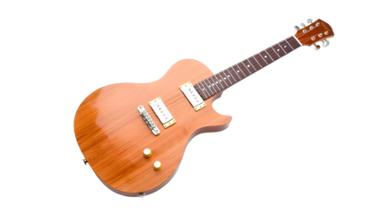 Isolated electric guitar with a light brown body and silver hardware on a black background view from above