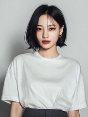 Fototapeta premium A beautiful female model wearing a white t-shirt. A product shot for fashion and apparel. best use for mockup.