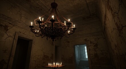 Fototapeta premium Chandelier hangs in a dimly lit decaying room Candles on a table Open doors with a stairway visible