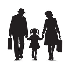 Silhouette of Grandparents walking with granddaughter vector illustration icon