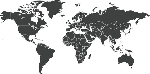 Naklejka premium World map depicting continents and countries in dark gray against a white background global