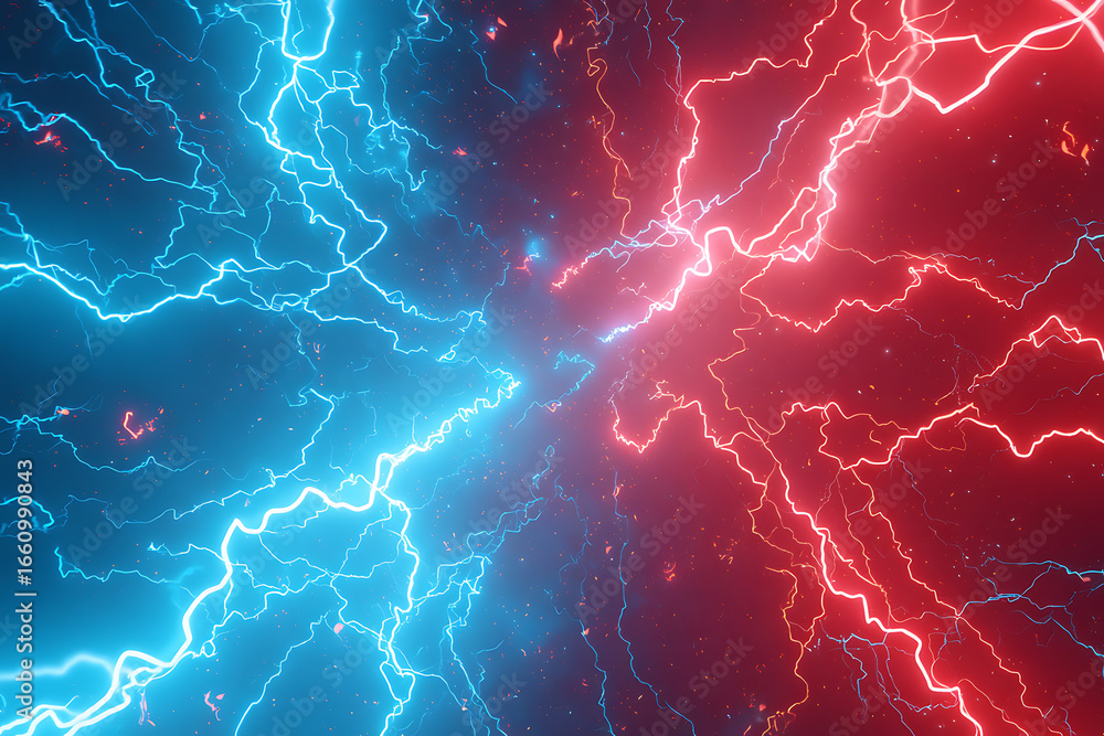 Poster abstract depiction of vibrant blue and red lightning bolts intersecting in a dynamic cosmic space