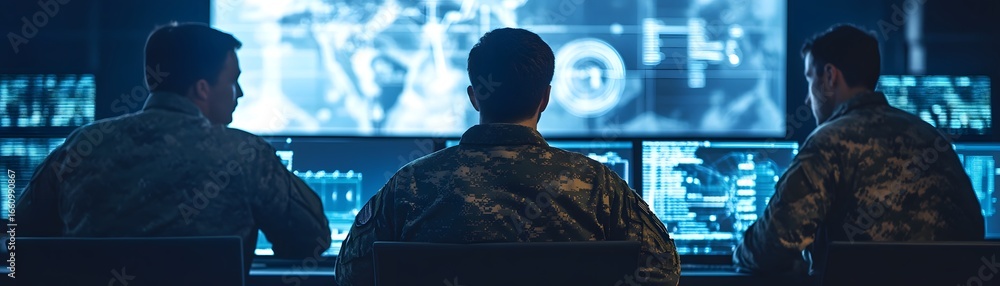 Aufkleber a group of military personnel analyzes data on multiple screens in a modern command center, showcasi