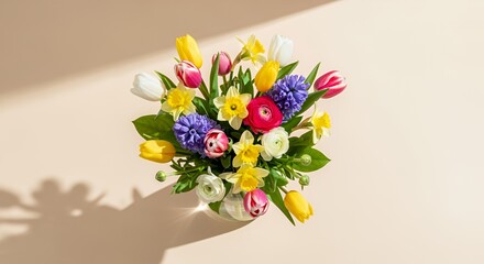 Fototapeta premium Vibrant Spring Bouquet: Tulips, Daffodils, and Hyacinths in a Glass Vase