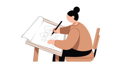 Woman immersed in creative architectural drawing at drafting table with precision and inspiration sketching house and tree with focused artistic