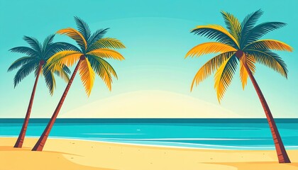 Obraz premium Vibrant tropical beach scene with two tall palm trees leaning outward over golden sand with calm turquoise ocean waves and clear blue sky in the background
