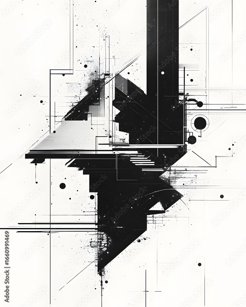 Poster a striking piece of abstract black and white art featuring geometric shapes and dynamic lines, perfe