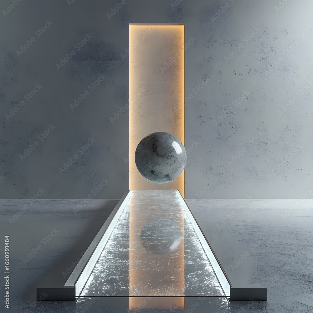Poster a stunning abstract design featuring a reflective surface with a floating sphere and a highlighted b