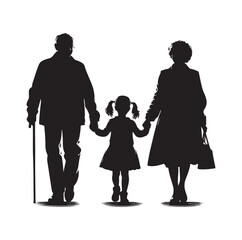 Silhouette of Grandparents walking with granddaughter vector illustration icon