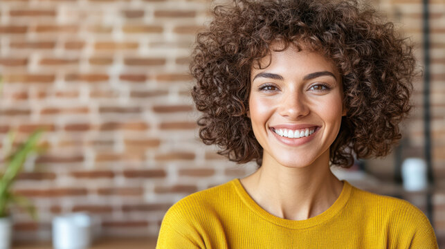 Smiling woman with curly hair wearing yellow sweater in cozy indoor setting