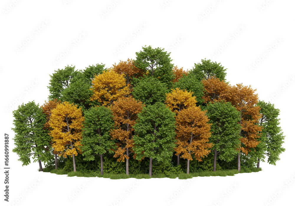 Poster a dense cluster of deciduous trees with green and yellow foliage, isolated on a transparent backgrou