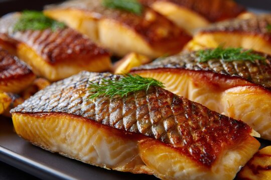 Grilled sablefish fillets with dill garnish resting on black plate