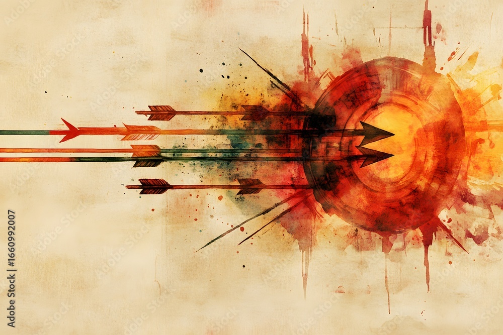 Poster a vibrant watercolor illustration featuring dynamic arrows converging towards a bold circular focal 