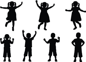 Children silhouette vector set featuring boys and girls in playful poses, casual outfits for design, education, family, and lifestyle themes