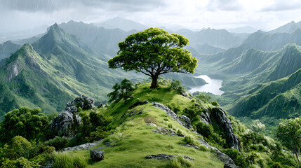 Misty Hills in Rainy Season Breathtaking mountain view with lush greenery. Monsoon Green Mountain Scenery Distant Horizon Rain Landscape