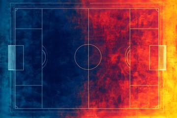 Obraz premium An artistic representation of a soccer field, blending vibrant blue and orange colors to create a dynamic and energetic atmosphere for sports enthusiasts.