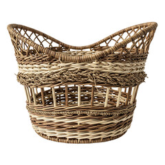Obraz premium woven wicker basket with natural fibers, handcrafted rattan or bamboo weaving texture, rustic eco-friendly storage container isolated on transparent background PNG
