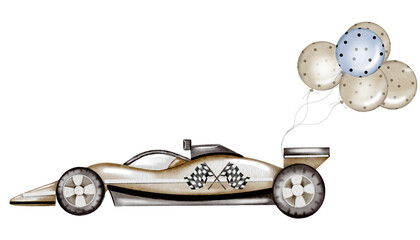 Race car watercolor illustration. Race car in pastel colors with balloons on a white background. Ideal for children's textiles, stickers and baby shower design for boys