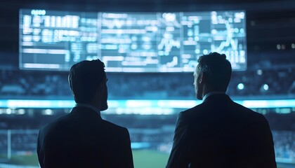 Two professionals observe a vast digital display in a sports arena. The atmosphere blends technology and sports, reflecting innovation and modernity in business communication.