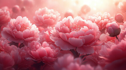 Fototapeta premium A vibrant, ethereal landscape unfolds, where countless, delicate pink peony flowers and buds, both large and petite, gracefully float and flutter on a boundless, seamless pink surface, creating 